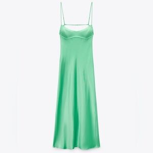 Zara Satin Effect Midi Dress in Green